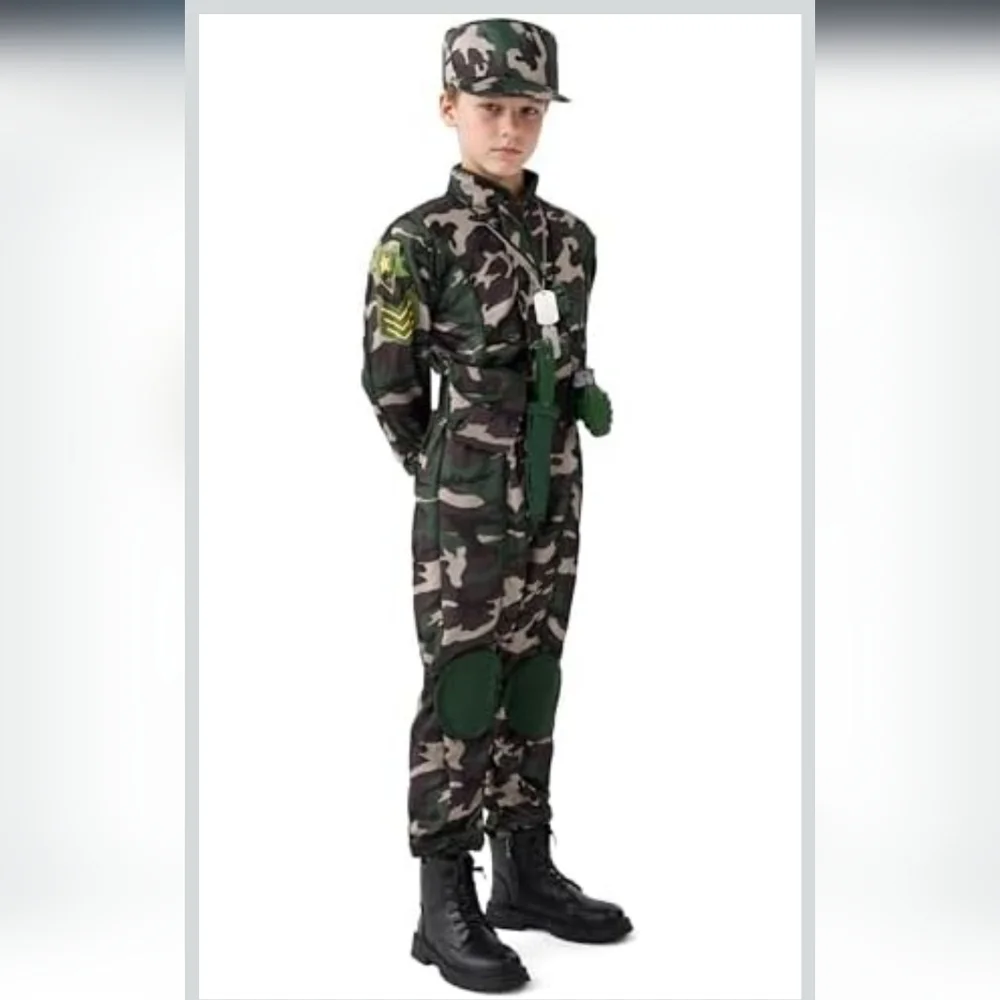 Kids Army Soldier Costume Large 10-12 Camo Trooper Halloween Dress Up Set